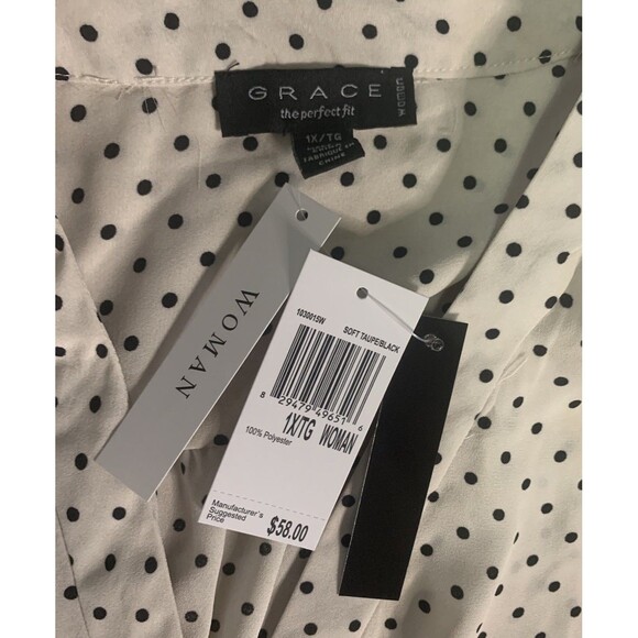 New With Tags Grace 1X Cream Black Polka Dot Blouse Top 3/4 Sleeve Plus Size - Picture 2 of 4
